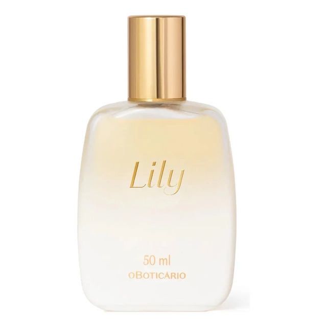 Frasco de vidro transparente do Spray Perfumado para Cabelos Lily O Boticário com tampa dourada e líquido amarelado em fundo branco