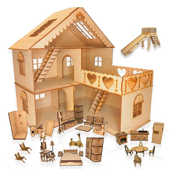 Casa de muñecas Fibrofacilmanía modelo Corazón con 3 pisos + 32 muebles