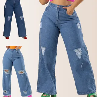 Gata Rebelde Kit 3 Calça Jeans Plus Size Wide Leg Feminina Cintura Alta Azul Liso