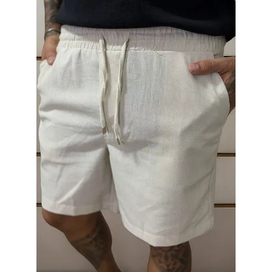 Bermuda Básica Linho Masculino Com Bolso E Cordão