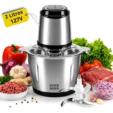 Multiprocessador Triturador De Alimentos Elétrico 2 Litros Aço Inox 304 Moedor Picador Processador De Carne Legumes Alho Cebola Castanhas Cozinha Potente Alta Performance Black Raipe