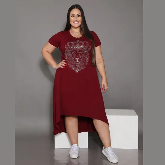 Vestido Plus Size Mulet  Estampa De Leão Coroa
