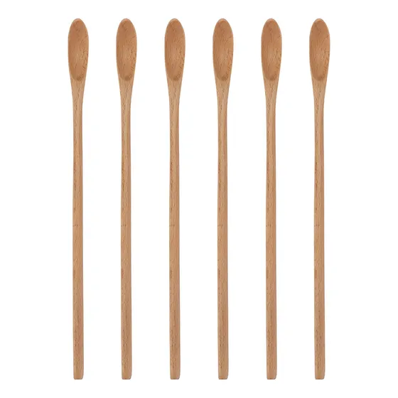 6 Cuchara Te Larga Madera 8.0 In Mango Largo Coctel Agitador