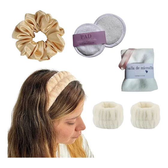 Kit Skincare Vincha + Muñequeras + 2 Pads+ Toalla+ Scrunchie