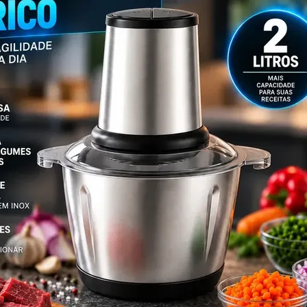 Multiprocessador Elétrico 2L 400W Inox Triturador Moedor Picador de Alimentos para Carne Legumes Alho Temperos Cozinha Hardline