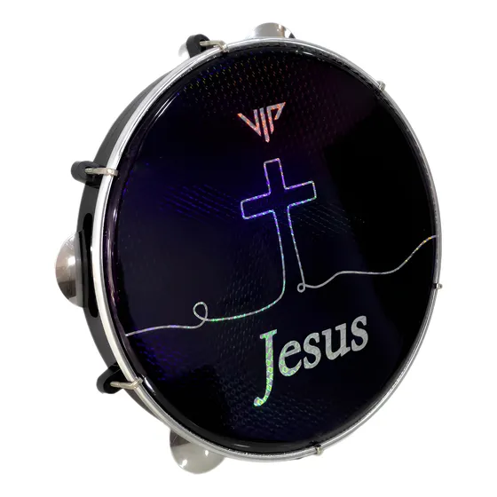 Pandeiro Profissional 10 Pele Holográfica Jesus Corpo Abs Cor Preto