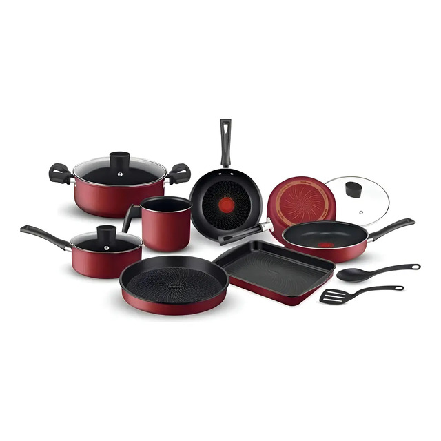 Conjunto completo de 10 panelas Rochedo Limpa Fácil na cor vermelha incluindo frigideiras, caçarolas, fervedor e utensílios dispostos sobre fundo branco