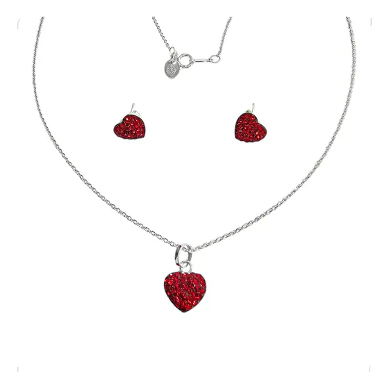 Juego De Plata .925 Dije Aretes Cristal Rojo Corazón Agálea