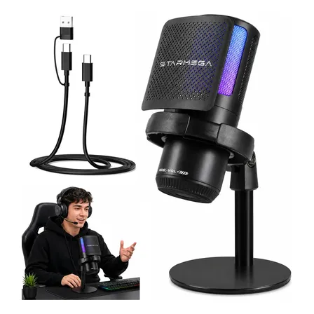 Microfone Condensador Rgb Alta Sensibilidade Usb Gamer Strea Preto