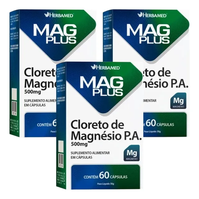 Mag Plus Cloreto De Magnésio P.a 500mg Kit 3 Cx 60 Cáps Cd