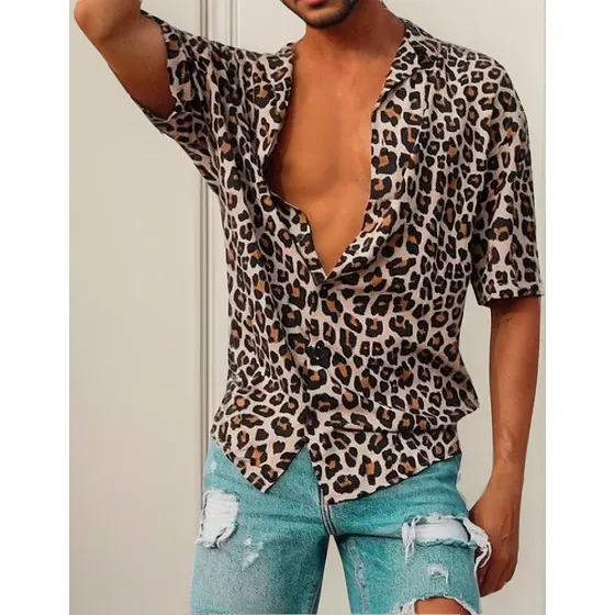 Hombre Baggy Playa Leopardo Estampado Manga Corta Botón