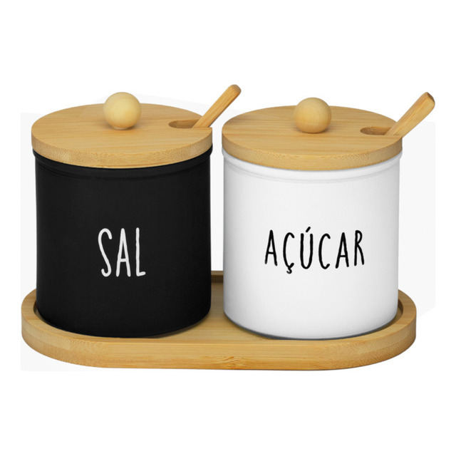 Pote Sal Açucar Com Bandeja Organizador Tempero Com Colher