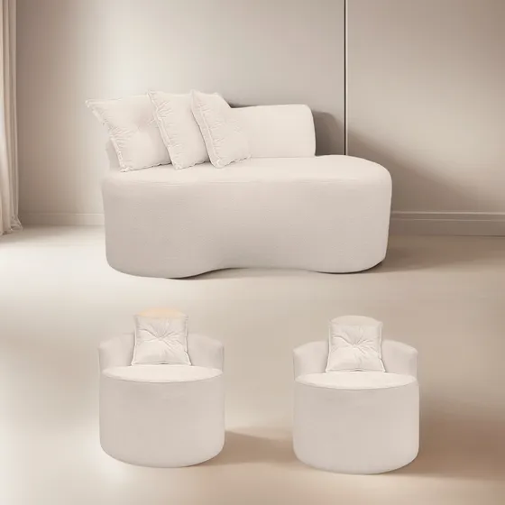 Kit Poltrona Com Sofá Curvo 2 Lugares Feijão Orgânica Bouclé