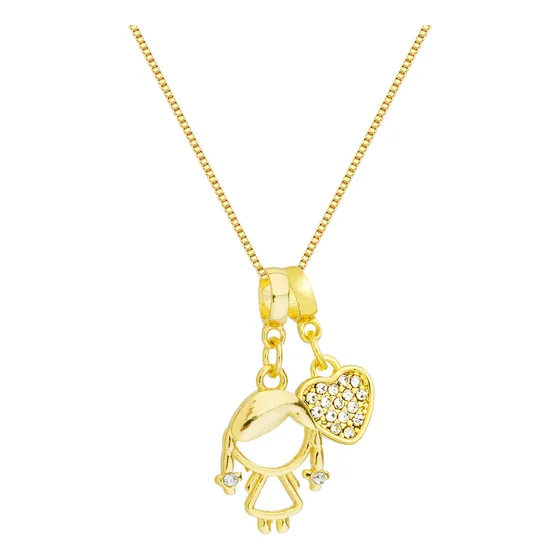 Colar Menina E Coração 45cm Banhado A Ouro 18k Premium Cor Dourado