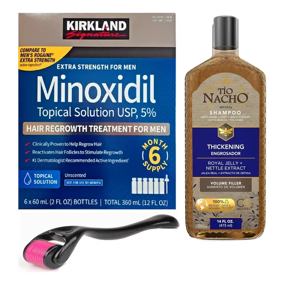 6 Minoxidil Kirkland + Dermaroller + Champu Engrosador