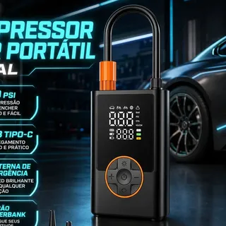 Compressor De Ar Digital Calibrador Mini Portátil Powerbank 4000mah Lanterna Led Bivolt Para Carro, Moto E Pneus