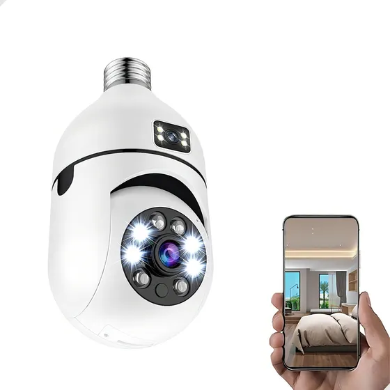 Câmera Segurança Wifi Dupla Lentes Lâmpada Visão Noturna 360
