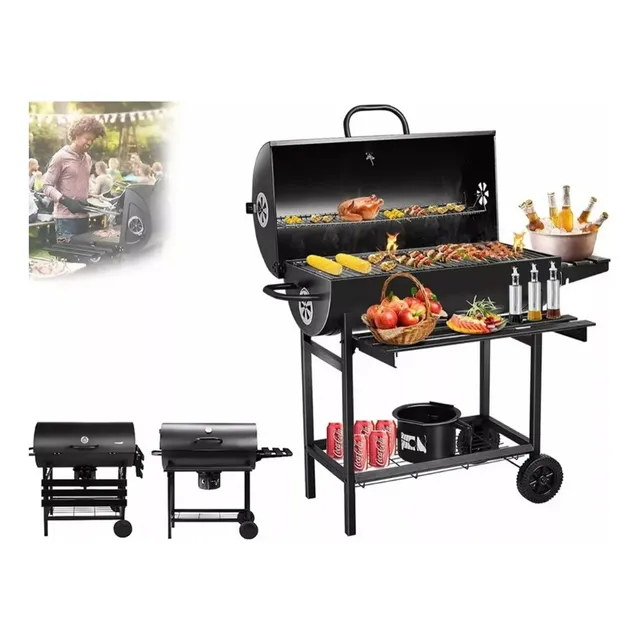 Dnbemn asador tipo barril de carbón con gran área de cocción móvil asador de carbón móvil con ruedas y caja de ceniza aluminio para camping y balcones