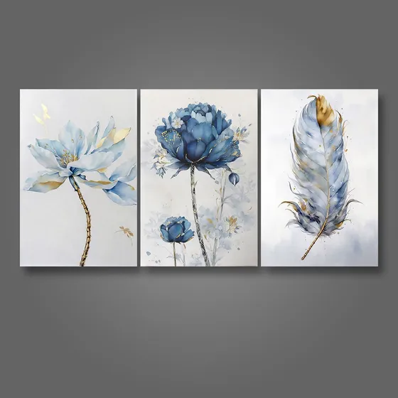 Cuadro Decorativo Mural Tríptico Flores Y Oro 120x60cm Pvc