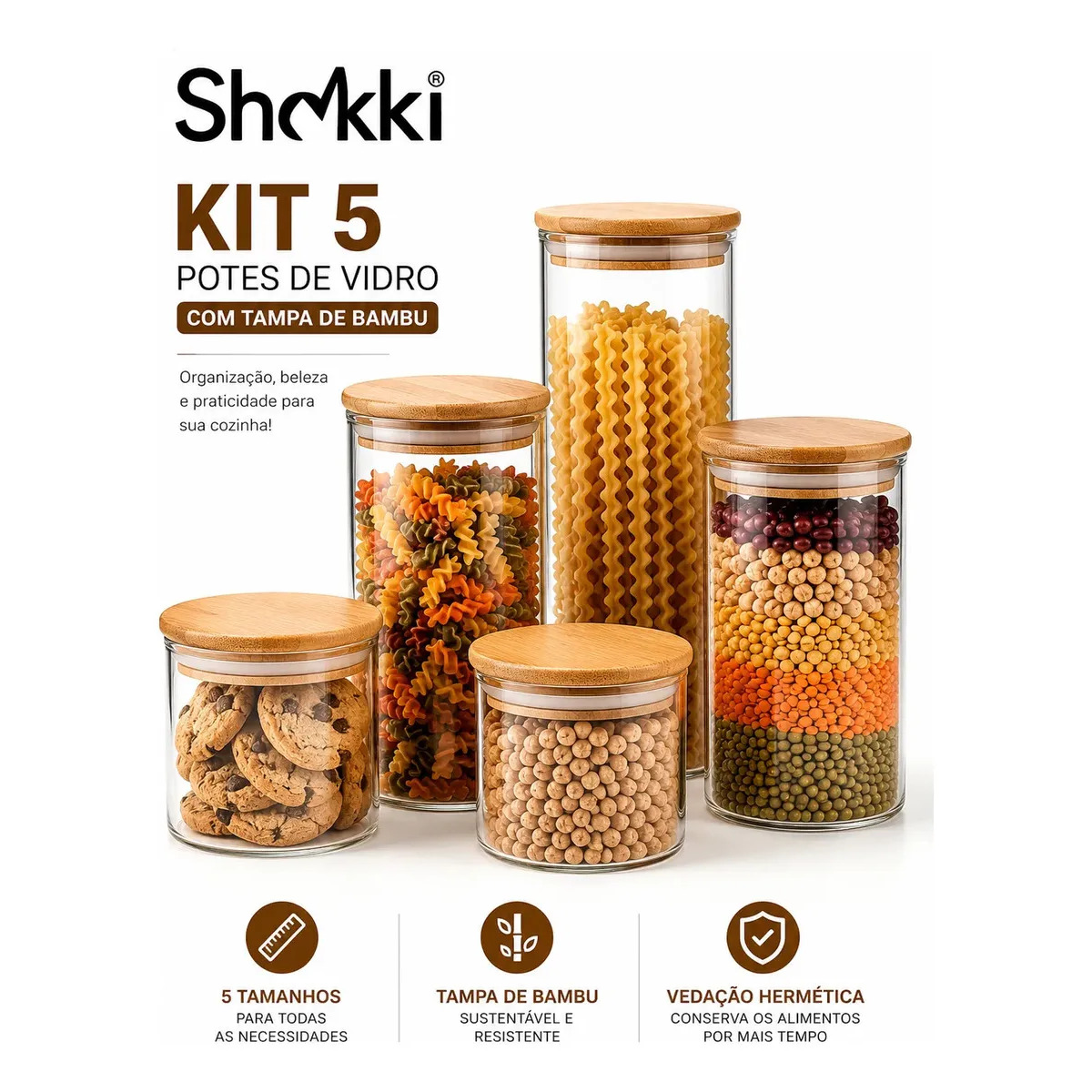 Kit 5 Potes De Vidro Herméticos Com Tampa De Bambu Organizador Para Mantimentos Grãos Café Massas E Cereais Shokki