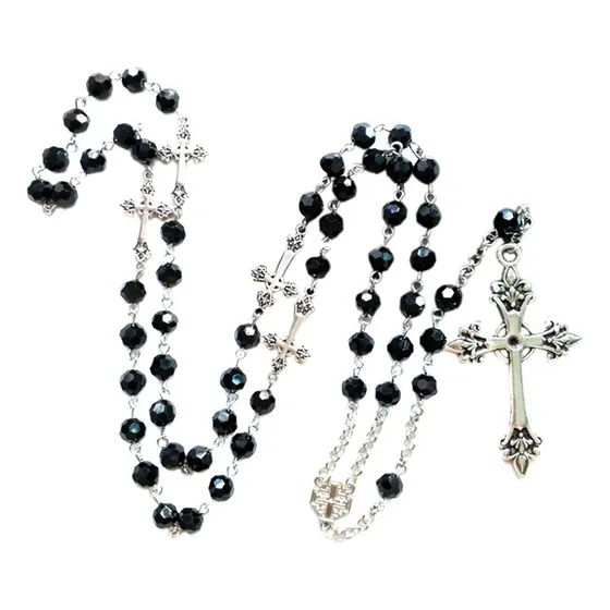Joyería Religiosa Collar Largo Rosario De Cristal Negro Crea