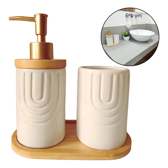 Kit Banheiro Lavabo Bambu Bandeja Porta Escova Sabonete 3 Pç Cor Branco
