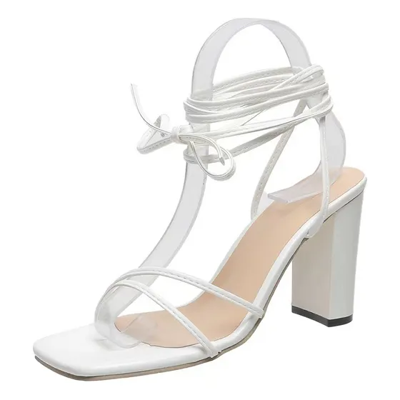 Sandalias Tacones Alto Con Puntera Tiras Cuadrada Zapatillas