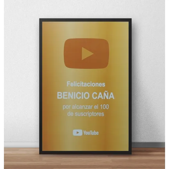 Cuadro Placa De Oro Youtube Premio C/ Marco Vidrio 21x30
