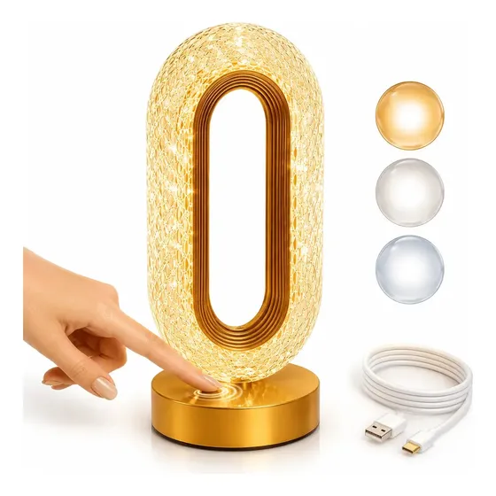Abajur Luminária de Mesa LED Oval Cristal Solena Arco Ouro Touch Sem Fio 3 Temperaturas