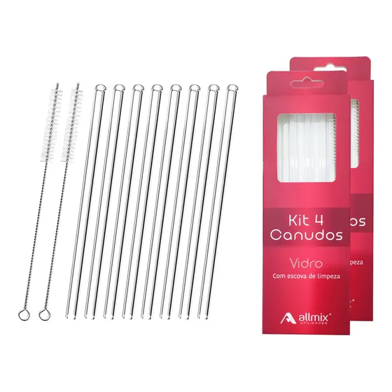 Kit Com 8 Canudos De Vidro Ecológico + 2 Escovas De Limpeza