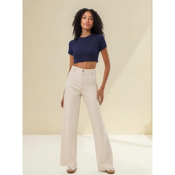 Calça Sarja Wide Leg Com Elastano