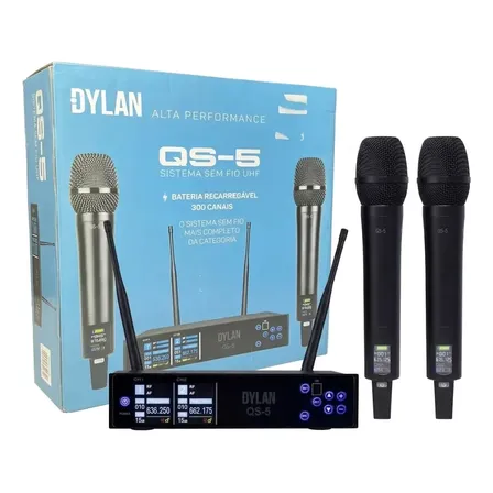 Microfone Uhf Dylan Sem Fio Qs 5 Duplo Recarregável Outlet Preto