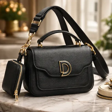 Bolsa Feminina Transversal Preta Luxo Carteira Mini Premium Preto Lisa Dourado Gold