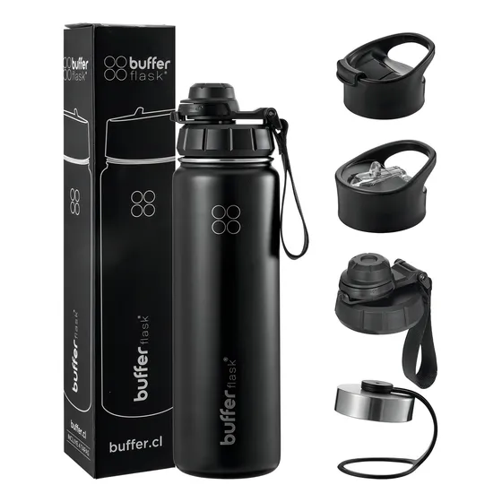 Termo Botella Agua Termica Buffer Acero Inoxidable +4 Tapas New Black