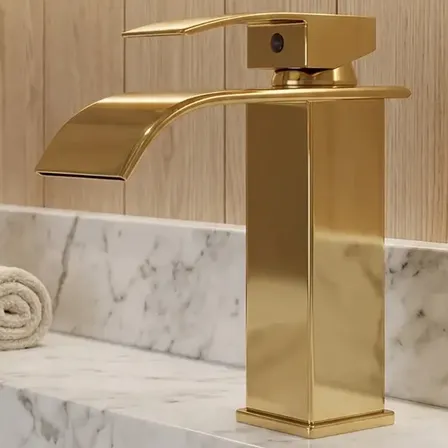 Torneira Banheiro Monocomando Cascata Domma Pia Cuba Bancada Lavabo Metal Aço Inoxidável Gold Dourada
