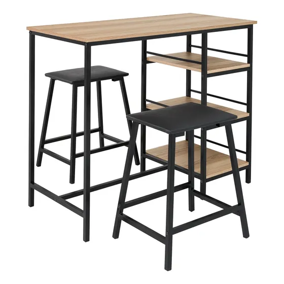 Conjunto Jogo Mesa Bancada Gourmet Ciplafe 2 Banquetas Stilo Tubo Preto Fosco Tampo Madeira Carvalho 1,02m Assento Preto