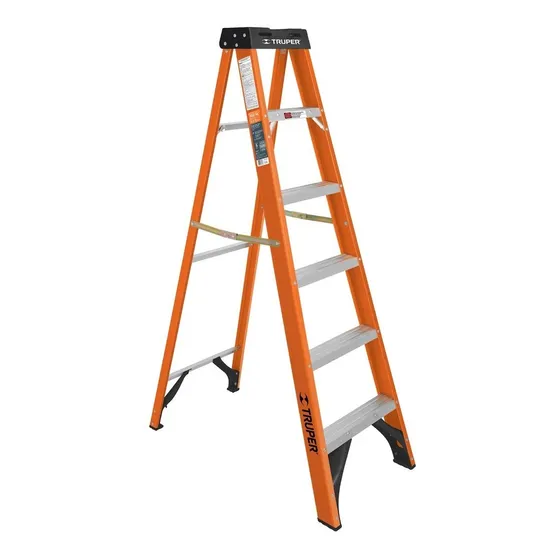 Escalera De Tijera, Tipo Ll, 5 Peldaños, Fibra De Vidrio Color Naranja