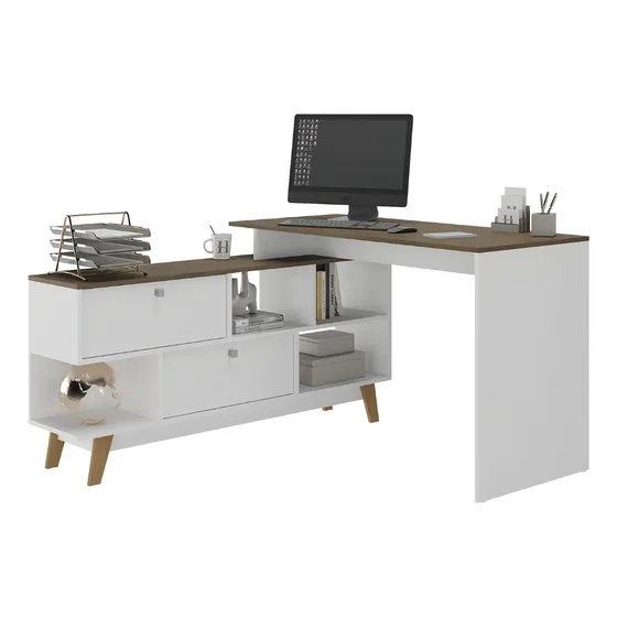 Escritorio En L, 2 Puertas, Espacios, Patas Madera Maciza Color Blanco/avena