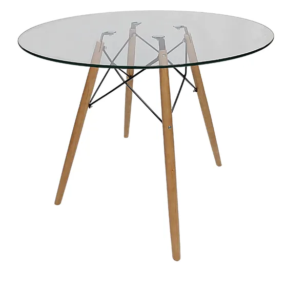 Mesa Vidro 6mm Redonda 90cm Eiffel Charles Eames Pé Madeira Cru Eucalipto JT HOME