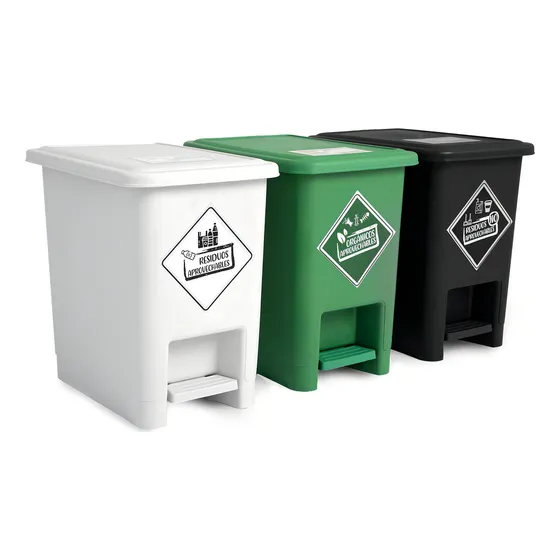 Punto Ecológico 3 Canecas 8L con Pedal en Colores Blanco, Negro y Verde, Polipropileno Reciclado, Compacto y Funcional