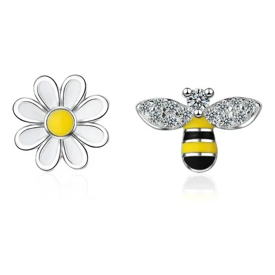 Aros Asimetricos Abeja Y Flor Plateado / Todojoyas