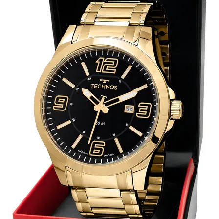 Relógio Technos Masculino Aço Inox Dourado Racer Fundo Preto Quartz 45mm