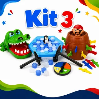 Kit Jogos Brinquedo Infantil Criança Quebra Gelo Pinguim + Pula Pirata + Crocodi