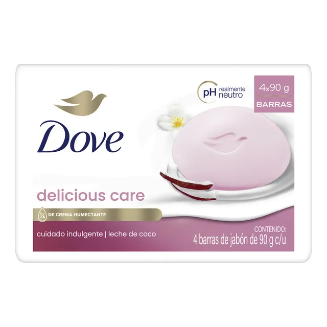 Dove Jabón en Barra Delicious Care Leche de Coco y Jazmín para una piel suave y radiante con 1/4 de crema humectante 4 x 90 g