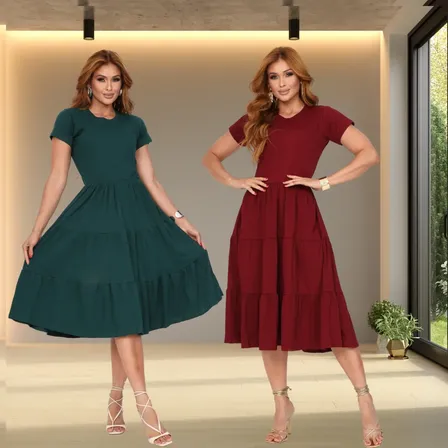 Kit 2 Vestidos Feminino Três Marias Rodado Moda Evangélico