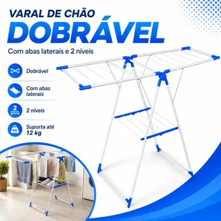 Elite Varal de Chão Grande Resistente Dobrável com Abas 2 Níveis para Roupas Toal