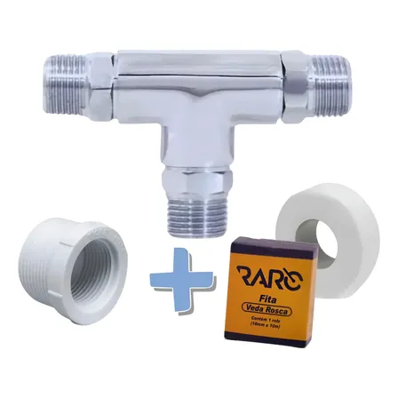 Kit Adaptador Conector Conexão Tee T Raro Metais Cor Prateado P/ Torneiras Misturador Monocomando + Bucha + Veda Rosca