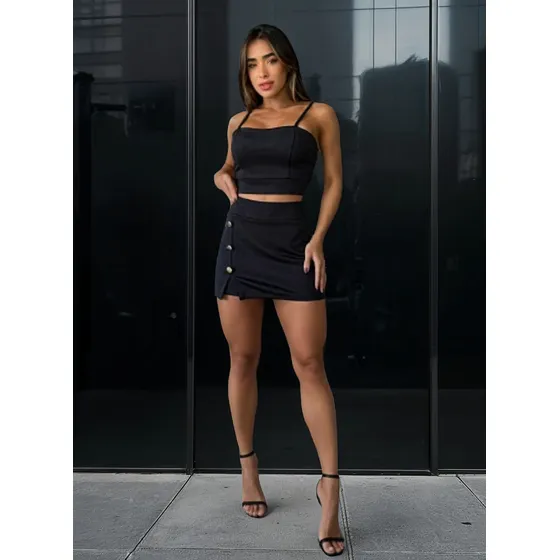 Conjunto Carina Cropped Alcinha E Short Saia Detalhes Botões