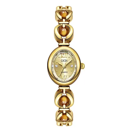 Relógio Feminino Elegante, Verde, Rosa, Ouro, Quartzo Ajustá Correia Dourado Bisel Dourado Fundo Marrón perlado
