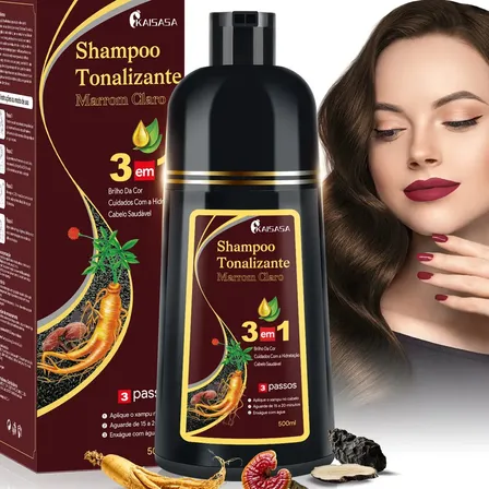 Kaisasa Shampoo Tonalizante Marrom Claro 3 em 1 500ml Cobrir Cabelo Branco e Grisalho, Fórmula Natural, Sem Sulfatos e Parabenos, Rápido e Seguro para Todos os Tipos de Cabelo